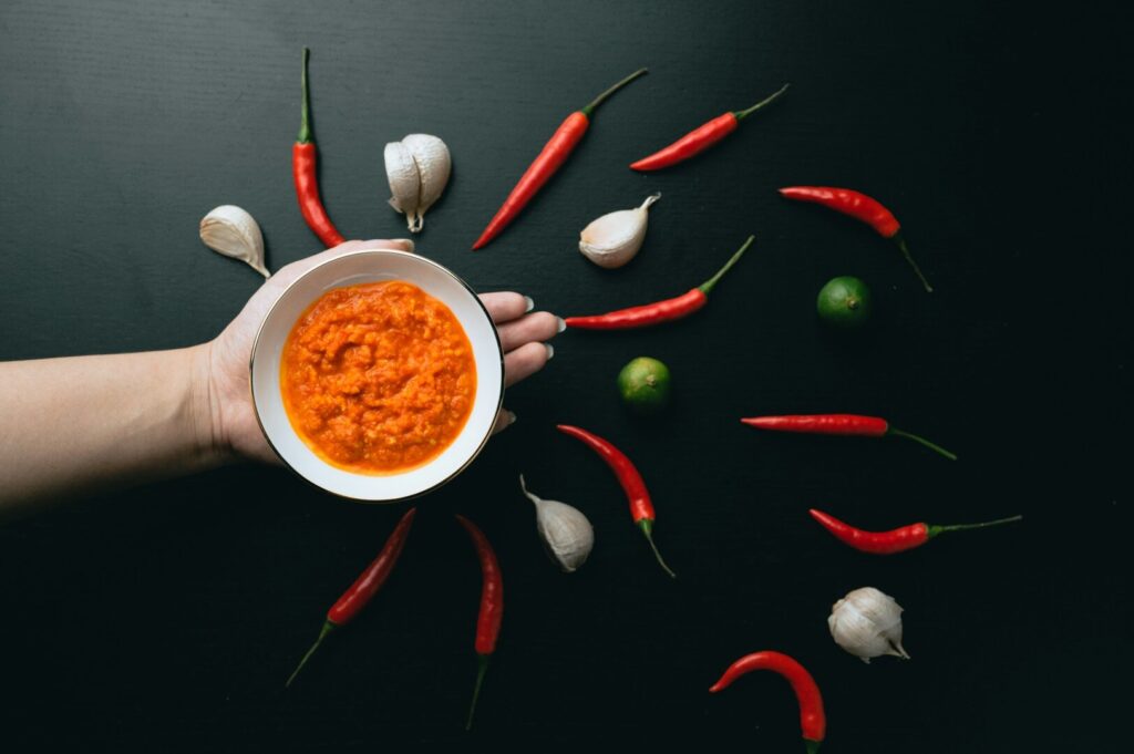 A hand presents a bowl of chili sauce, with various fresh ingredients like tomatoes and spices arranged around it.