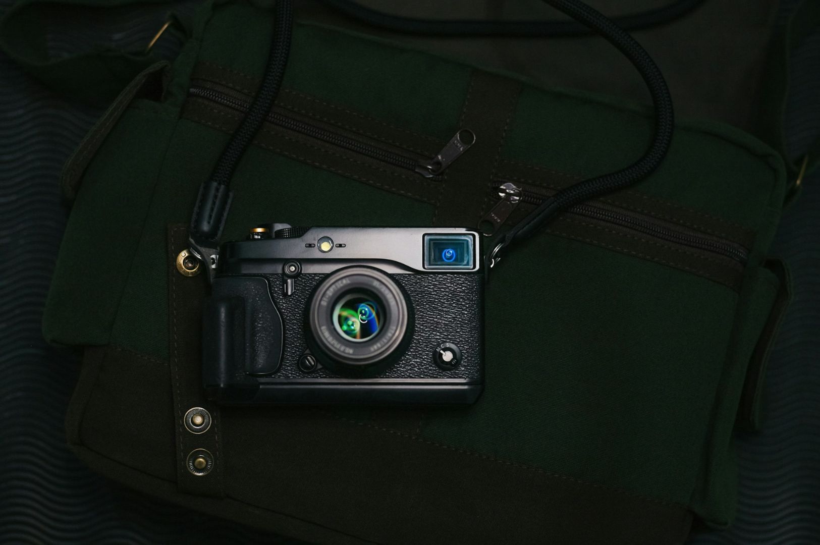 A vintage-style black camera with a visible lens rests on a dark green canvas bag with zippers. The tone is nostalgic and classic.