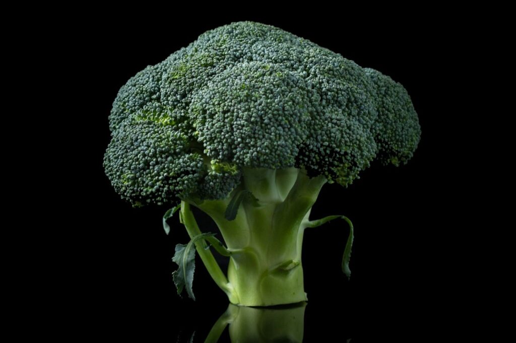 A fresh, vibrant green broccoli head against a dramatic black background. The surface is textured with tight florets, conveying a sense of crispness.