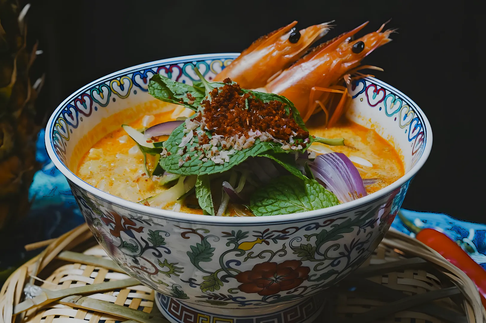 Colorful bowl of laksa garnished with fresh herbs, red onions, and shredded vegetables, conveying a vibrant and appetizing look.