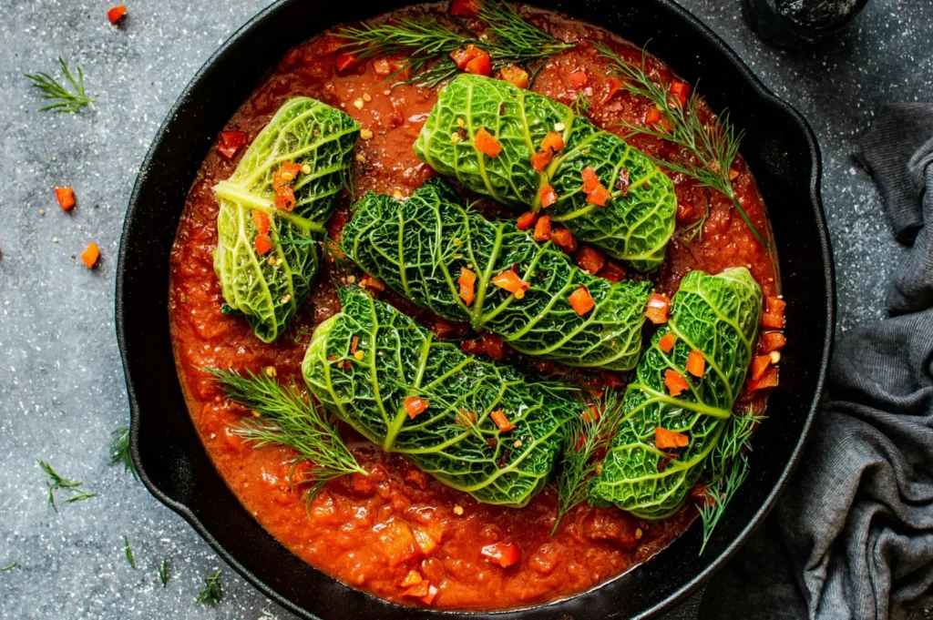 Cabbage rolls filled with vibrant green leaves in a skillet on rich tomato sauce, garnished with dill and diced red bell peppers, creating a fresh and hearty feel.