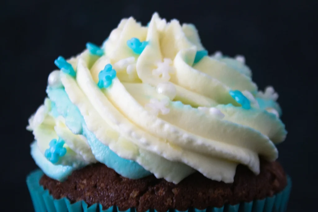 Close-up of a chocolate cupcake with swirled blue and white frosting, adorned with small blue and white flower-shaped sprinkles, in a teal wrapper.