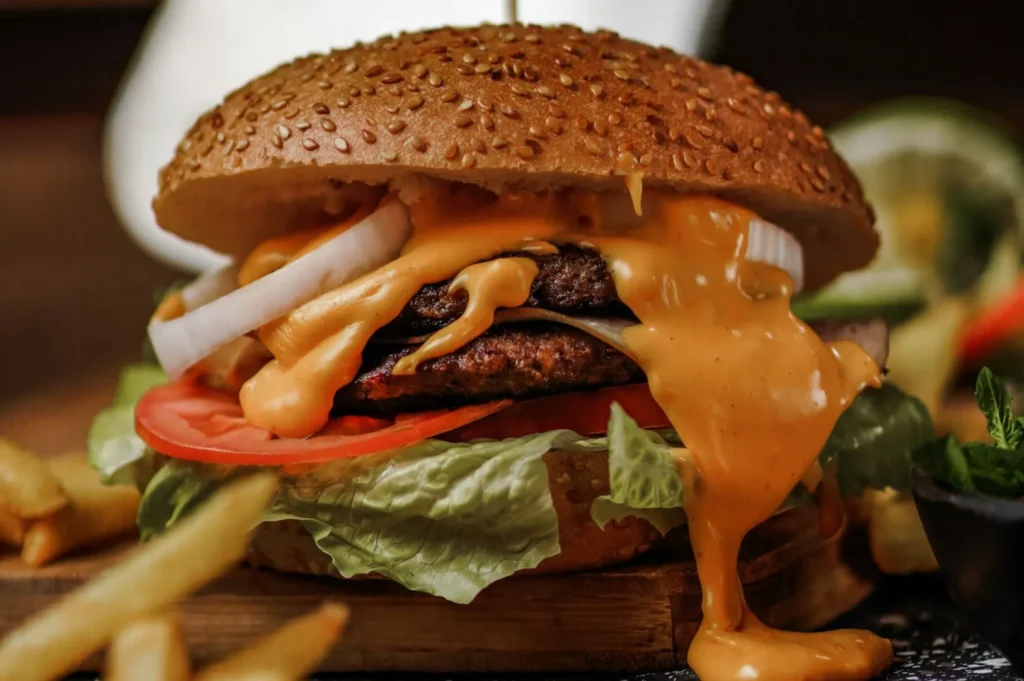 Close-up of a juicy cheeseburger with sesame seed bun, dripping cheddar cheese, lettuce, tomato, and onion. Fries and salad in the background add context.