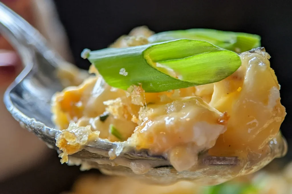 Close-up of a spoonful of creamy macaroni and cheese topped with crispy breadcrumbs and fresh green onions, evoking a warm, comforting feel.