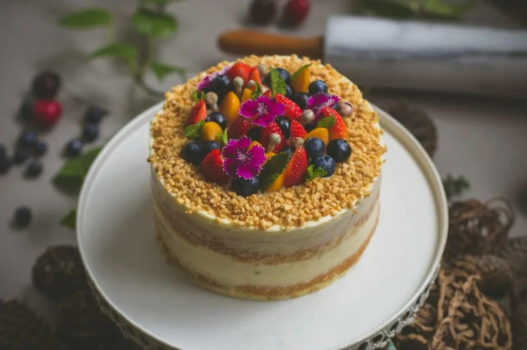 A layered cake topped with vibrant berries, nuts, and purple flowers sits on a white cake stand. Surrounding items include scattered fruits and green leaves.