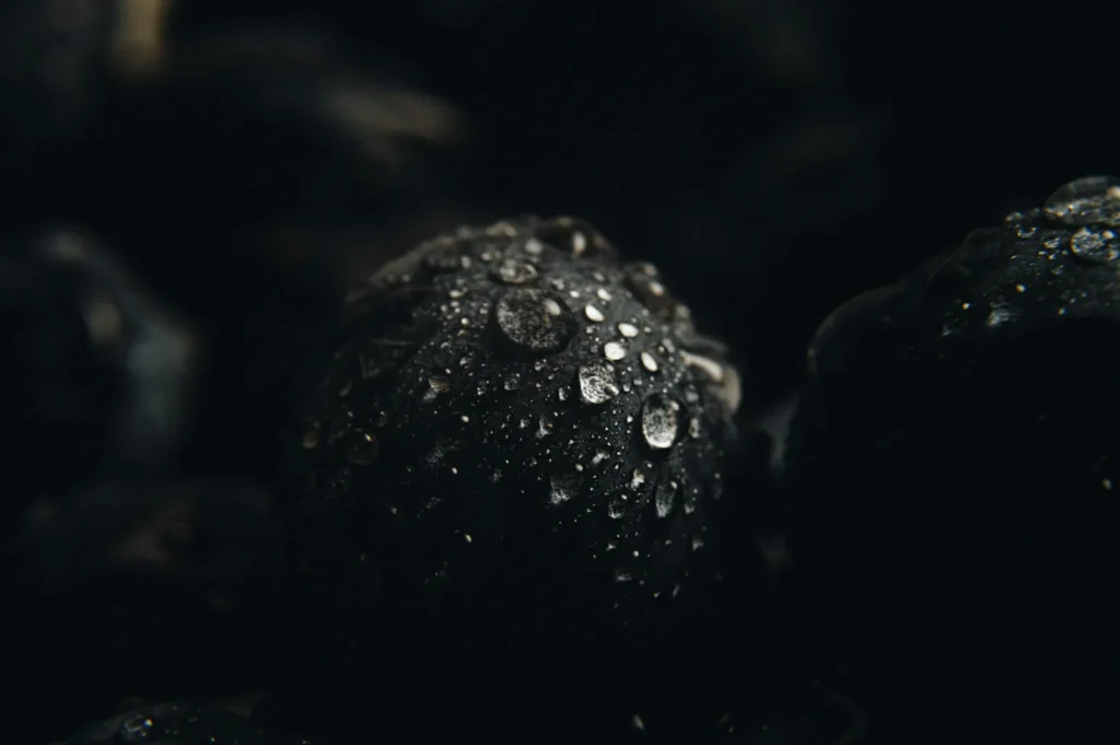 “Close-up of a dark, round fruit covered in water droplets. The fruit's wet surface glistens softly against a blurred, dark background, creating a fresh, moody atmosphere.”