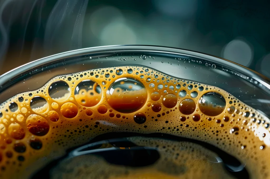 Close-up of a steaming cup of coffee, showing light brown foam bubbles on the surface. The mood is warm and inviting, with a soft-focus background.
