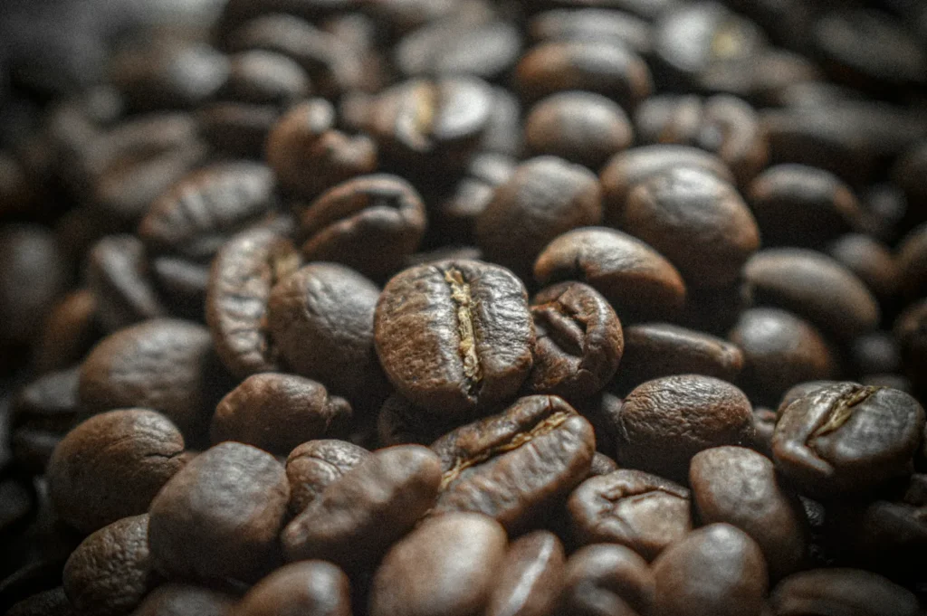 Close-up of roasted coffee beans with a rich, dark brown color. The beans have a textured surface, evoking a warm and inviting aroma.