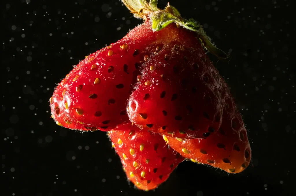 “Close-up of three ripe, red strawberries clustered together with green leaves on top. They are covered in dewdrops against a black background.”