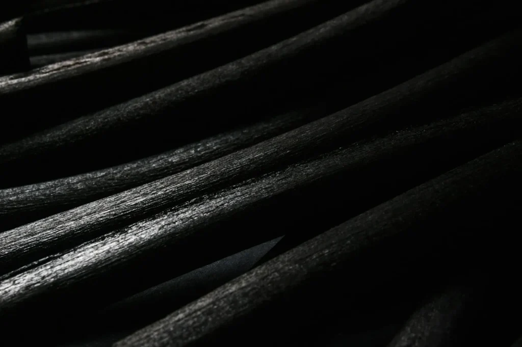 Close-up of several dark, textured charcoal illuminated from the side, creating a dramatic contrast and highlighting their rough surface details.