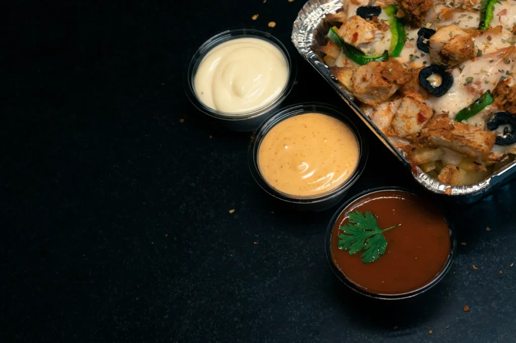 Aluminum tray with baked chicken, olives, and peppers next to three dipping sauces: creamy white, spicy orange, and rich brown with garnish.