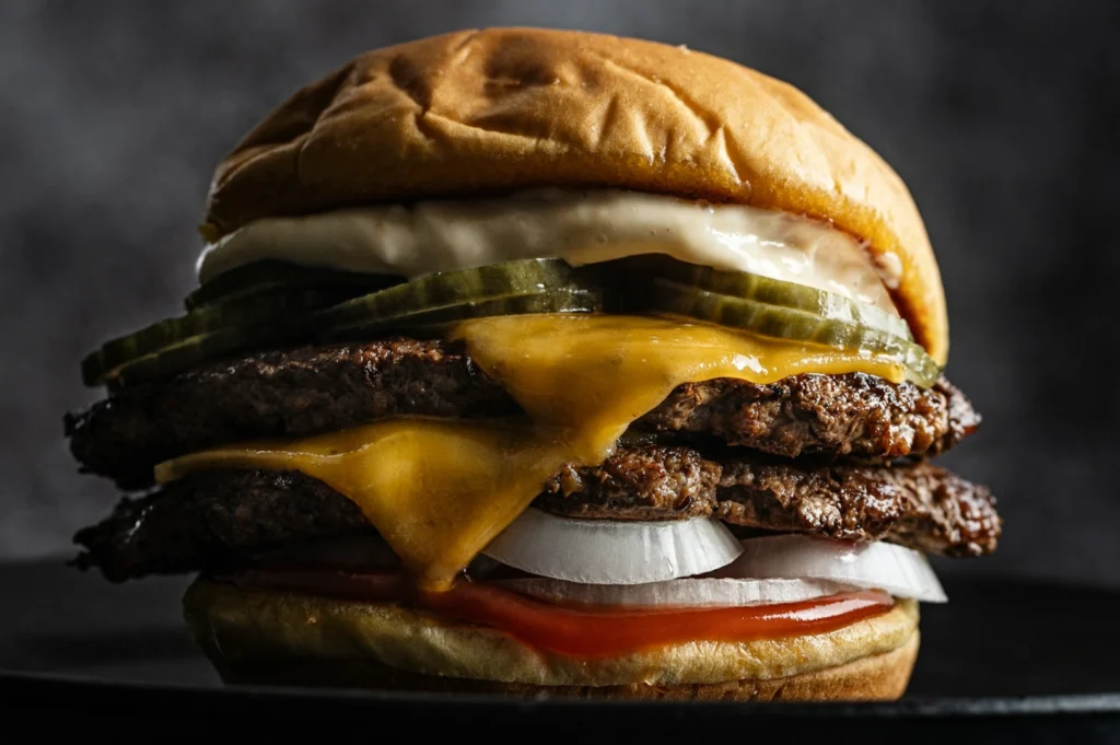 Close-up of a juicy cheeseburger with two beef patties, melted cheese, pickles, onions, ketchup, and mayonnaise in a soft bun, set against a dark background.