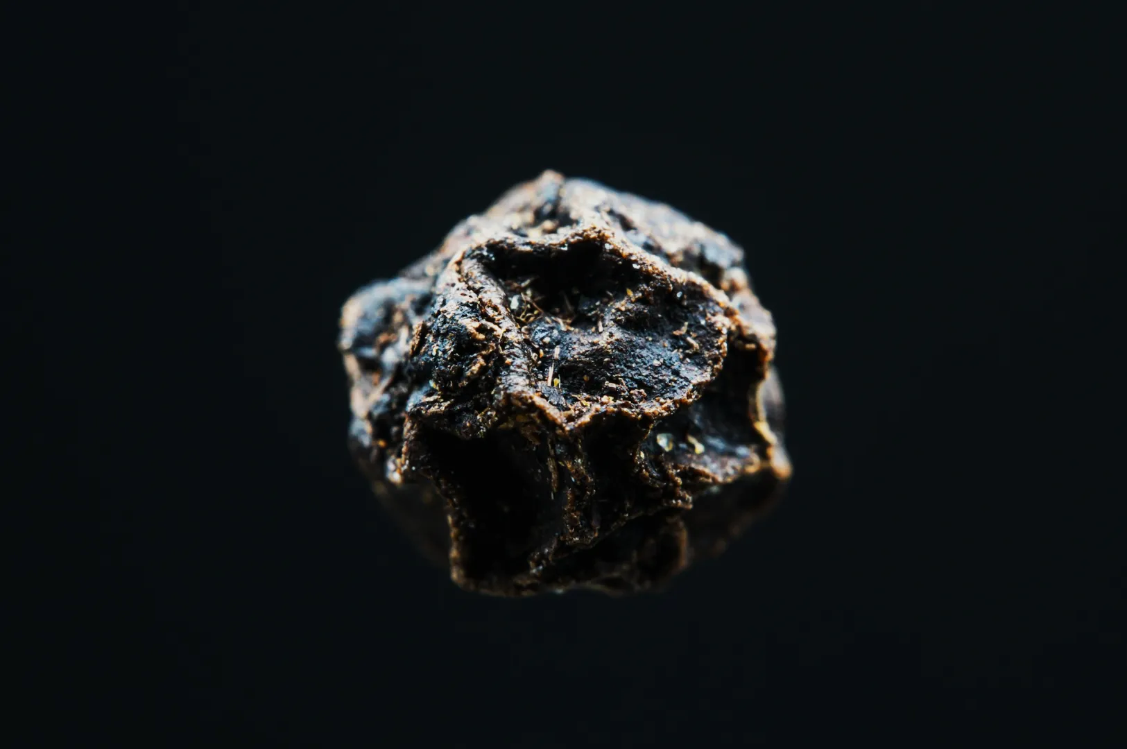 “Close-up of a single black peppercorn against a dark background. The peppercorn's rough, textured surface is highlighted, emphasizing its organic form.”