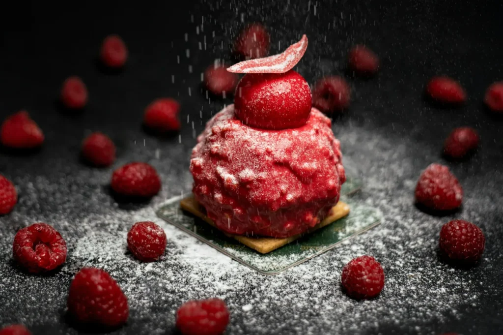 “A delicate red pastry on a square cracker is dusted with powdered sugar. Surrounding raspberries on a dark surface add contrast and elegance.”