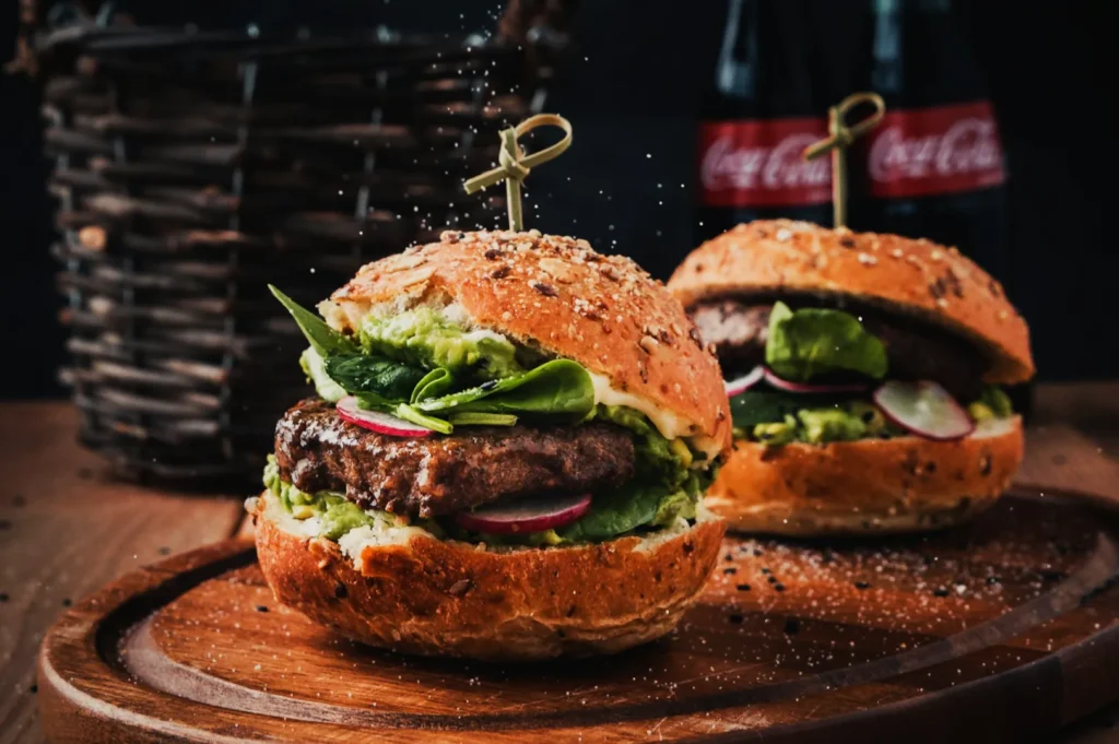 Two gourmet burgers on wooden platters with sesame buns, lettuce, radish, and guacamole; two Coke bottles in the background, rustic ambiance.