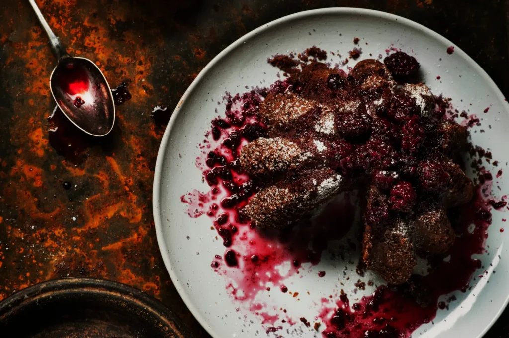 “A rustic chocolate cake drizzled with berry compote sits on a white plate. Powdered sugar is sprinkled on top. A spoon with compote is nearby on a textured surface.”