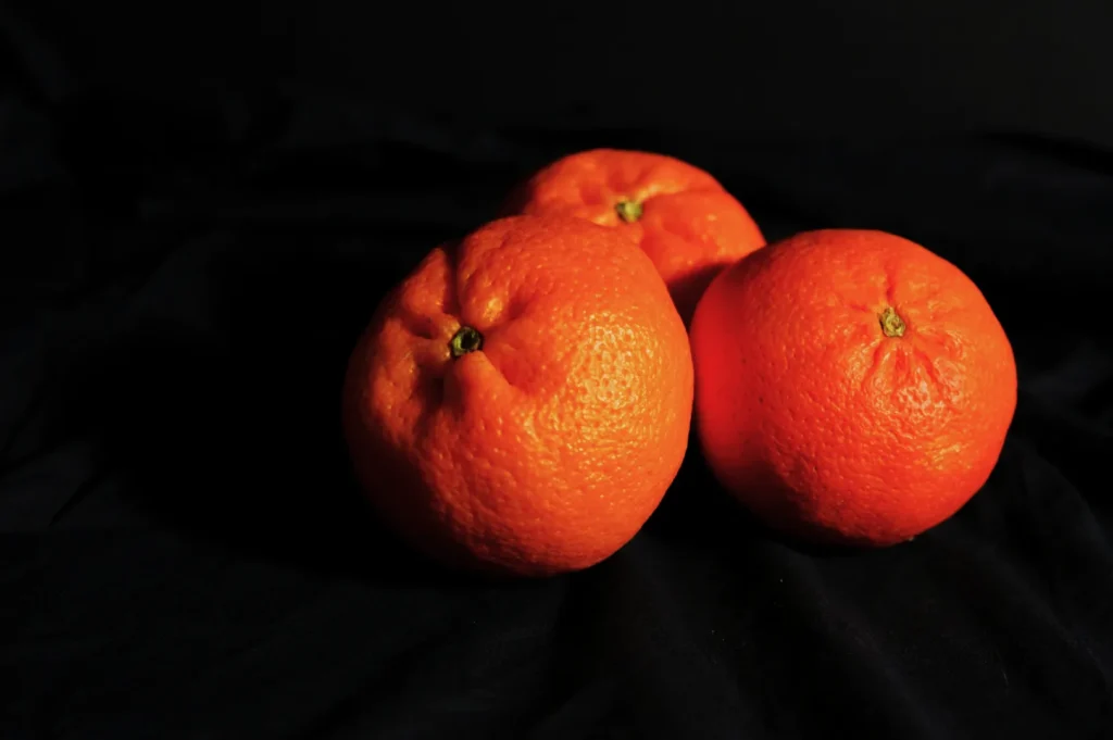 “Three bright oranges sit on a dark, textured fabric against a black background. The vivid orange contrasts with the deep shadows, creating a dramatic tone.”