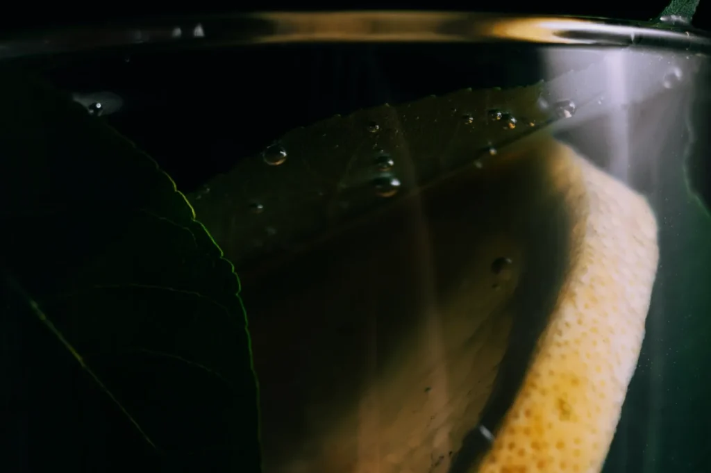 “Close-up image of a glass with a lemon slice and a green leaf inside. Water droplets are visible, creating a refreshing and earthy feel.”