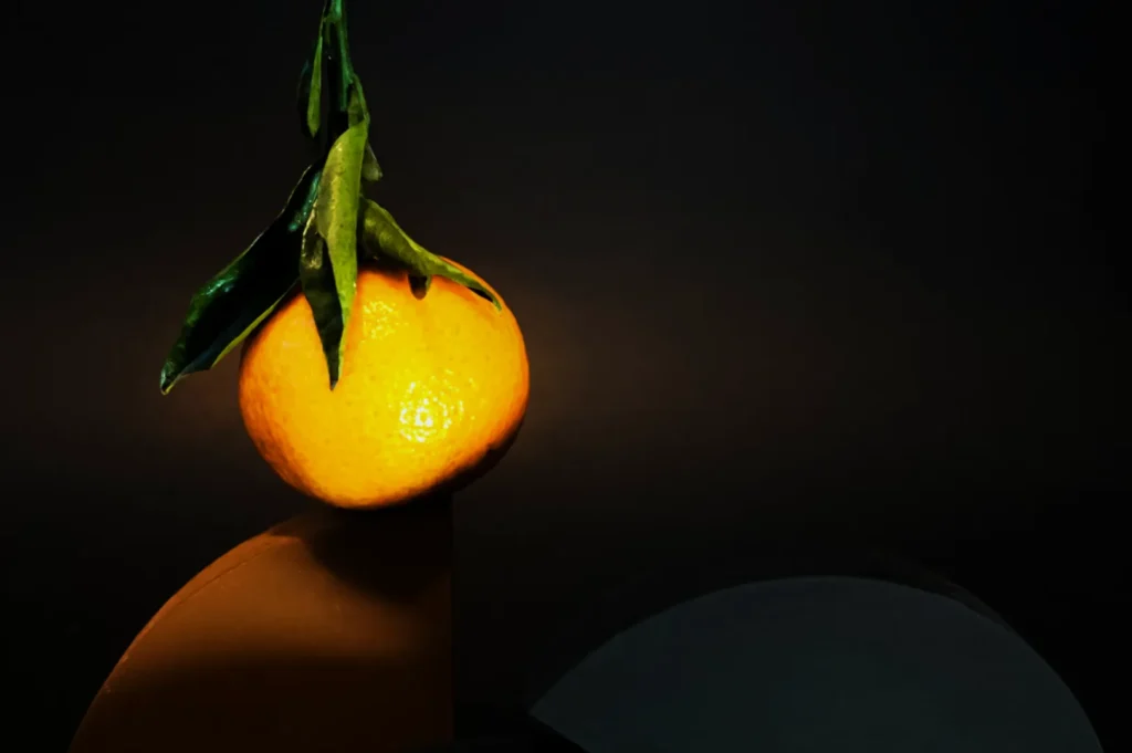 “A single orange with green leaves sits dramatically lit against a dark background, conveying a minimalist and elegant tone.”