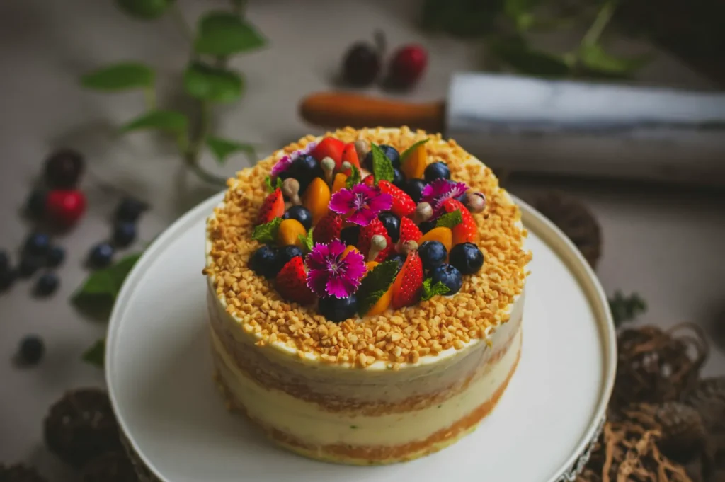 A rustic cake on a white stand, topped with vibrant fruits and edible flowers, surrounded by nuts. Background hints of leaves and berries.