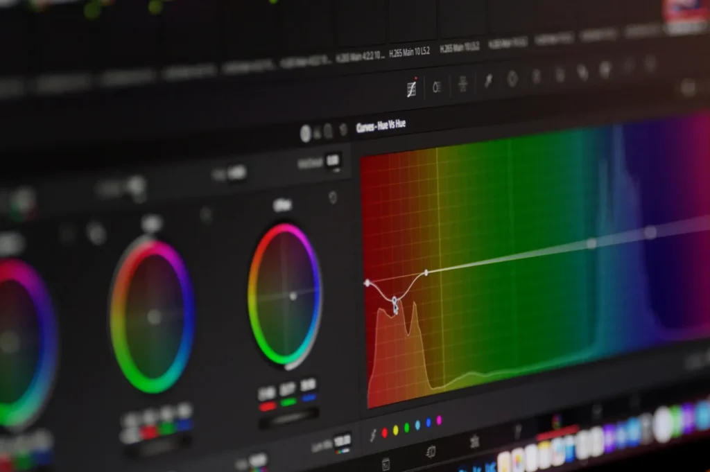 “Computer screen displaying color grading software interface with color wheels and a hue vs hue curve on a vibrant, multicolored chart