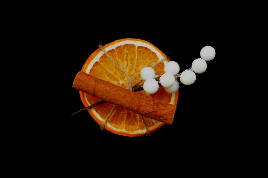 “A slice of dried orange, cinnamon stick, and white berry branch arranged on a black background, evoking a cozy, festive mood.”