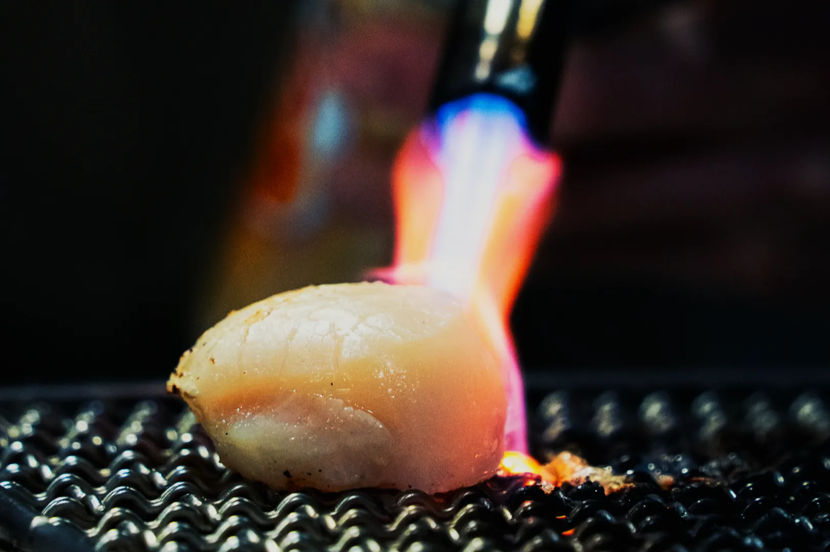 Close-up of a scallop being seared with a culinary torch. The flame emits vibrant blue and orange hues, creating a dramatic cooking scene.