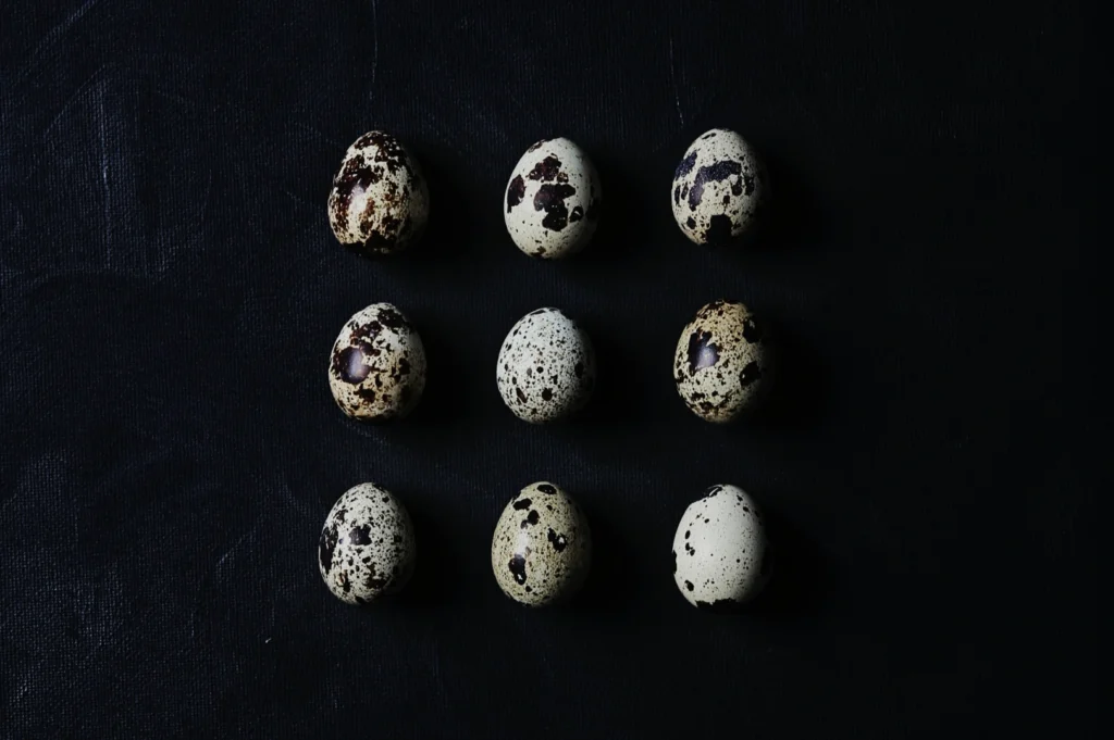 Nine quail eggs with brown speckles, arranged in a grid on a dark, textured surface. The image conveys a natural and rustic tone.
