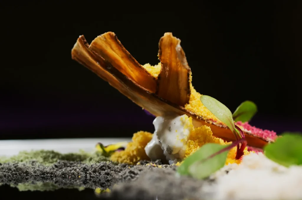 Gourmet dish with artistic plating featuring a crispy brown garnish atop creamy white sauce, surrounded by vibrant yellow, pink, and green elements.