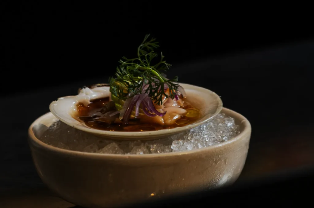 A dish featuring a scallop shell on ice, topped with colorful microgreens and thinly sliced purple onion, set in a white bowl, against a dark background.