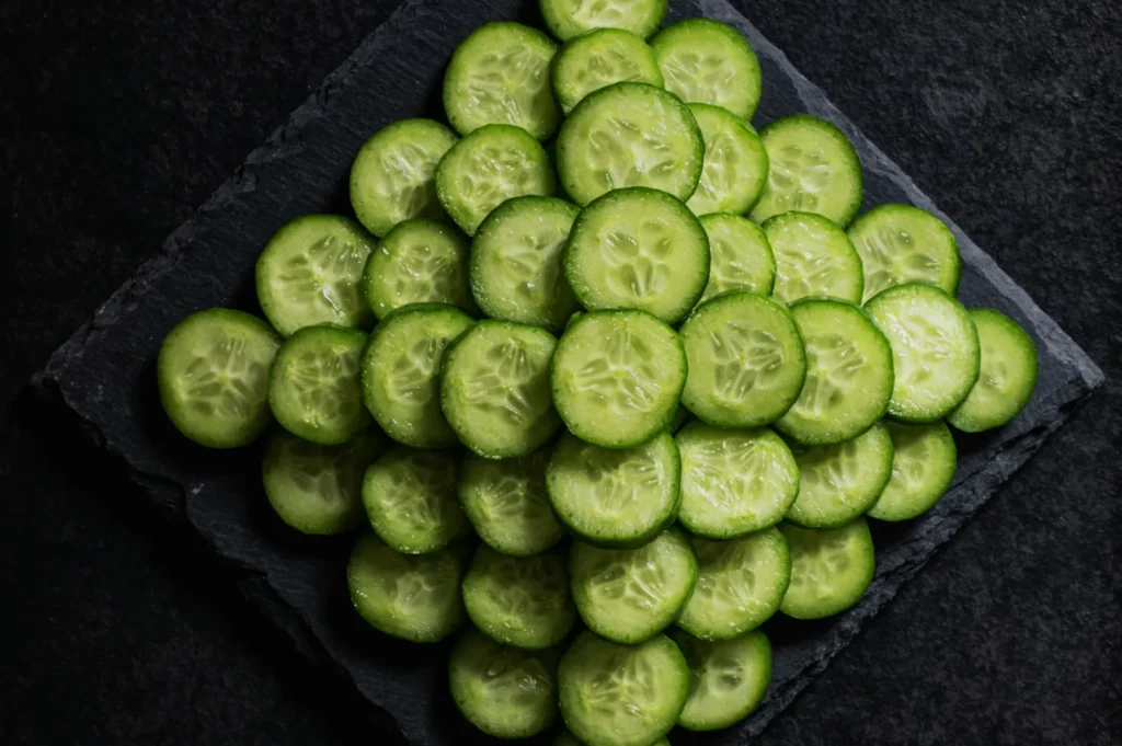 Thinly sliced cucumber rounds are arranged in a layered, overlapping pattern on a dark slate surface, creating a fresh and vibrant display.