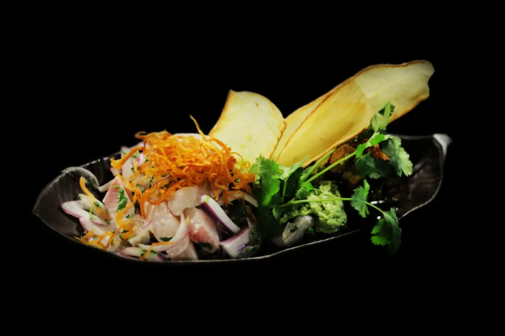 A vibrant, artistic dish of ceviche on a dark plate with thinly sliced onions, shredded carrots, fresh cilantro, and crispy chips against a black background.