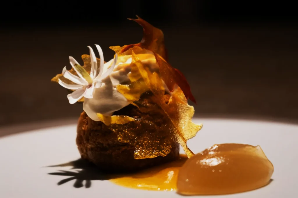 Elegant dessert plated with artistic flair: a golden pastry topped with delicate cream and sugar shards, alongside a caramelized pear slice.