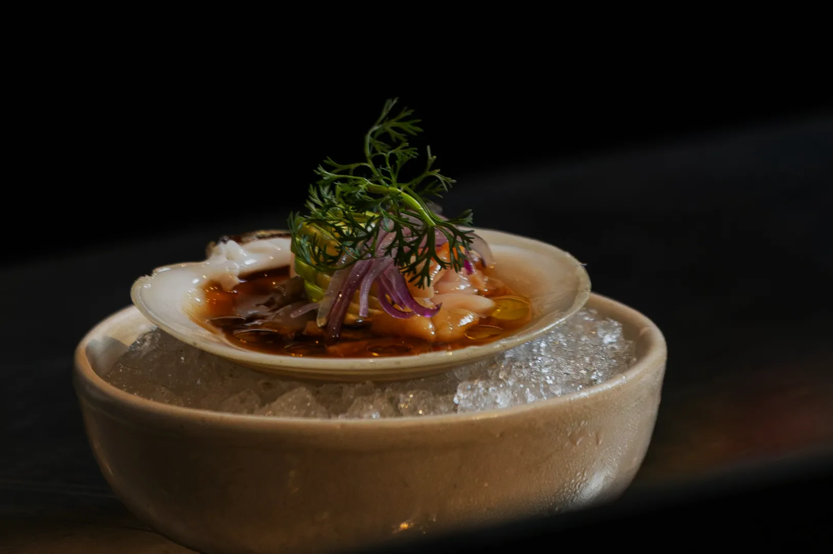 A delicately plated scallop shell on crushed ice, topped with colorful vegetables and a sprig of dill, creating a fresh and elegant seafood presentation.
