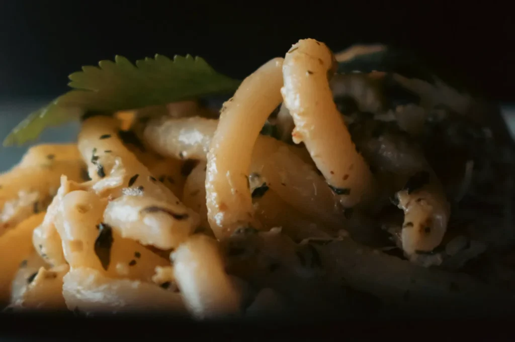 Close-up of creamy pasta garnished with herbs, under soft, dramatic lighting. The dish appears rich and appetizing, evoking a cozy dining experience.