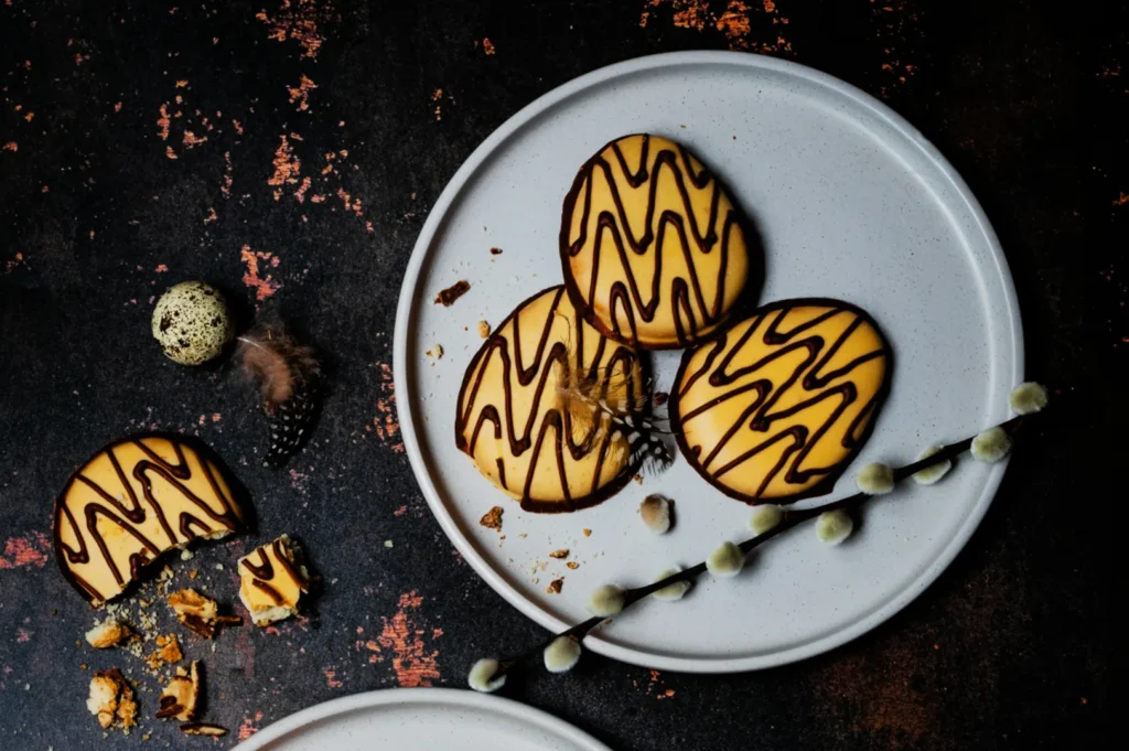 Cookies with chocolate drizzle on a white plate, surrounded by feathers and eggshell fragments on a dark, textured background. A pussy willow branch adds a soft touch.