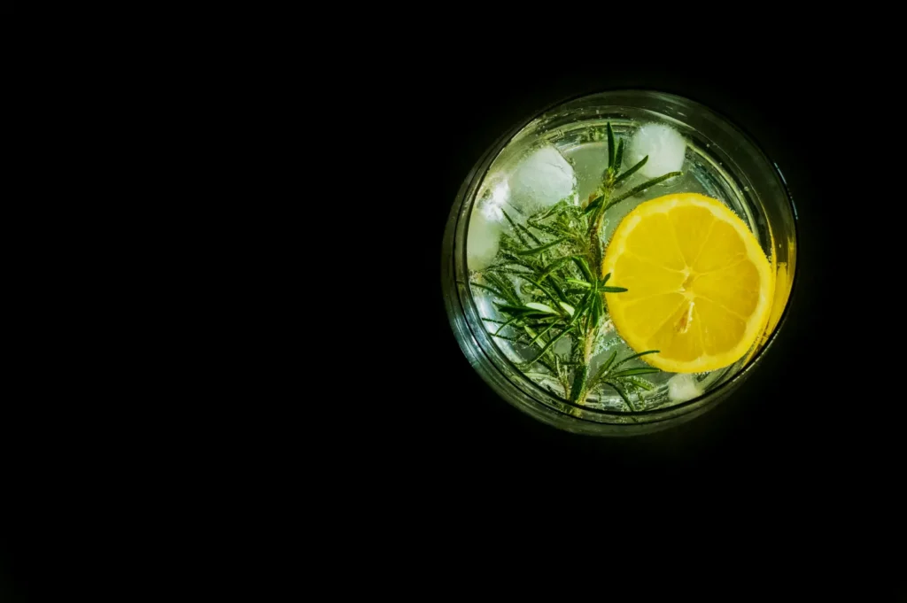 A top-view of a glass filled with a clear beverage, ice cubes, a lemon slice, and sprigs of rosemary, set against a dark background. Refreshing and vibrant.