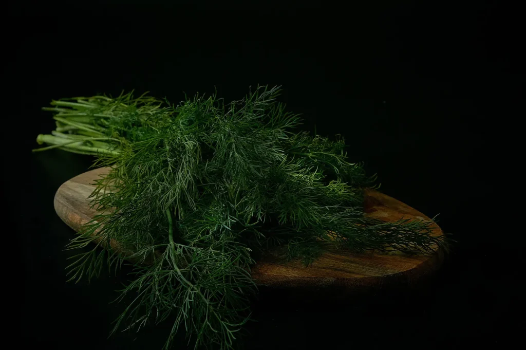 Dark moody food photography of fresh green dill on a wooden chopping board with a black background, highlighting natural freshness texture.