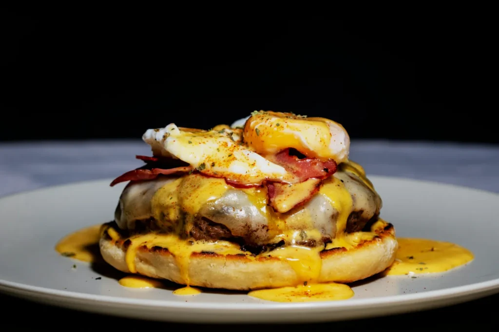 A gourmet burger on a white plate, featuring melted cheese, crispy bacon, and poached eggs, topped with creamy hollandaise sauce.