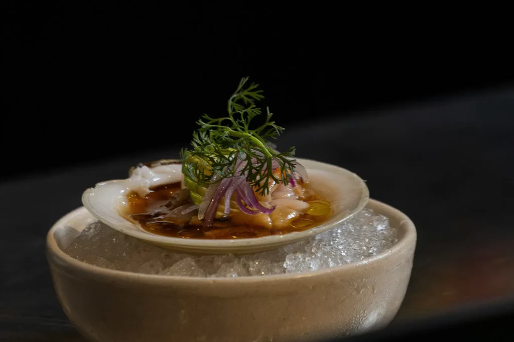 Fresh raw clam appetizer served in a shell on ice with garnish and sauce.