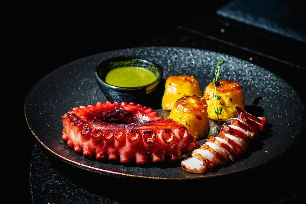 Grilled octopus tentacle with roasted potatoes and green sauce on a black plate, dark moody food photography.