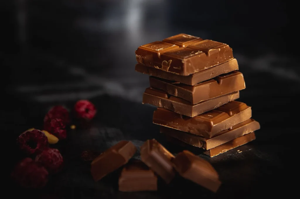 Stack of milk chocolate pieces with fresh raspberries on a dark slate background.