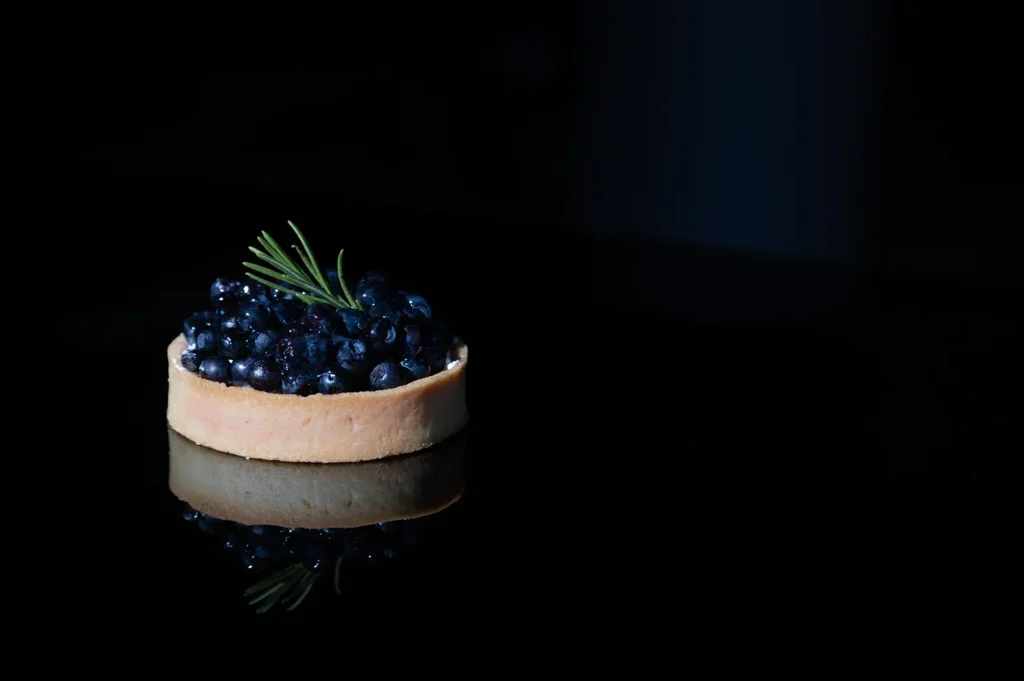 Dark moody food photography of a gourmet blueberry tart on a black background.