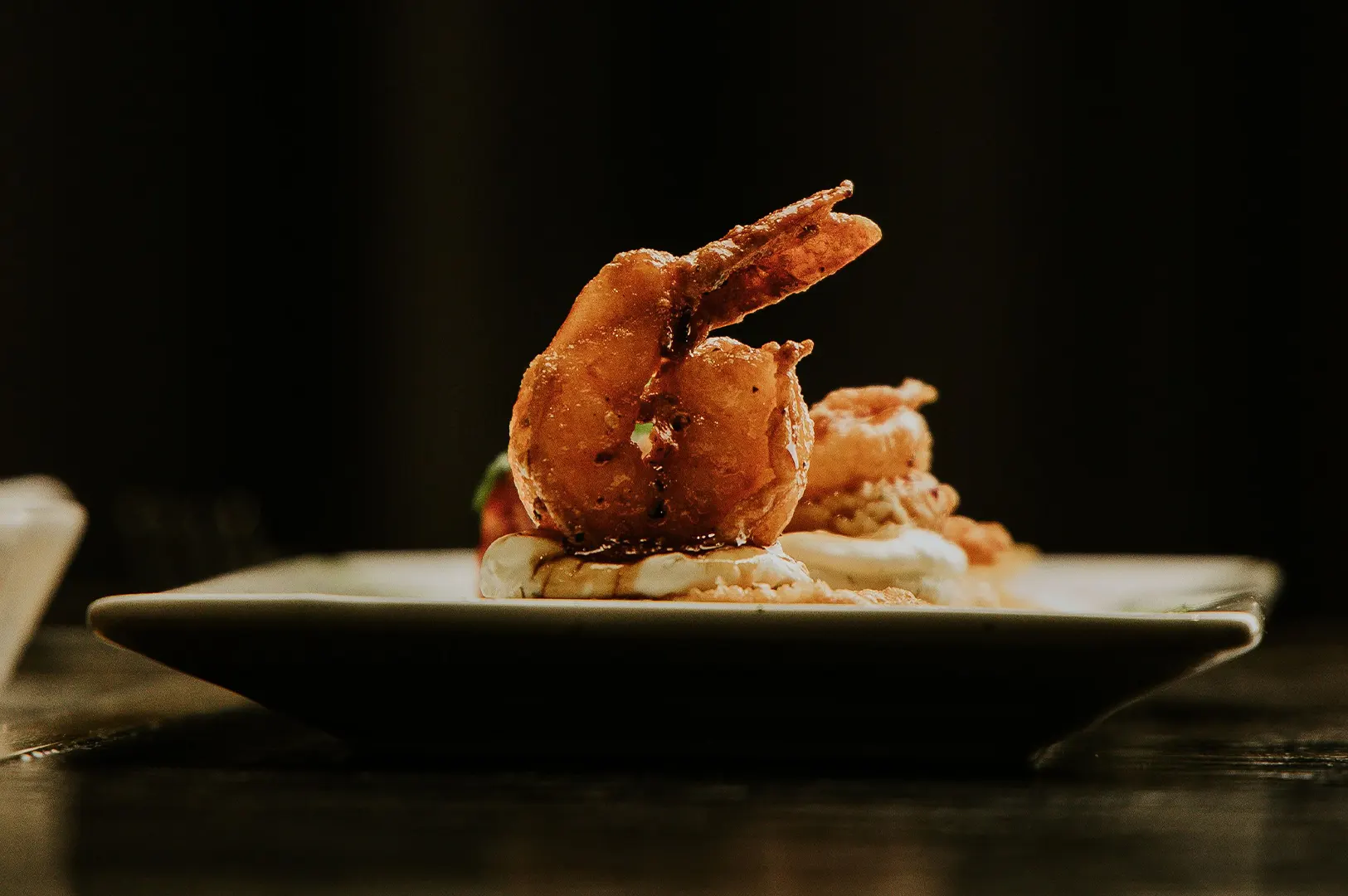 Dark moody food photography of a fried shrimp appetizer on a white plate.