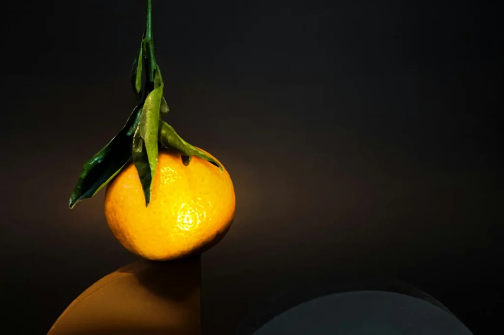 Dark moody food photography of a fresh orange with leaves against a dark background for restaurant marketing.